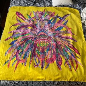 PEISI SILK Carnaval Feather Print Yellow vibrant Bohemian Festival Cover Up‎